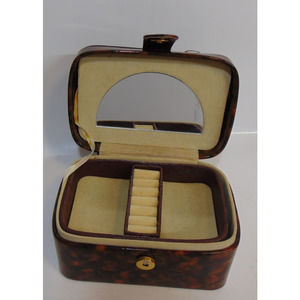 Vintage Travel Jewelry Box Chest Brown Faux Leather Handle Snap Closure Mirror